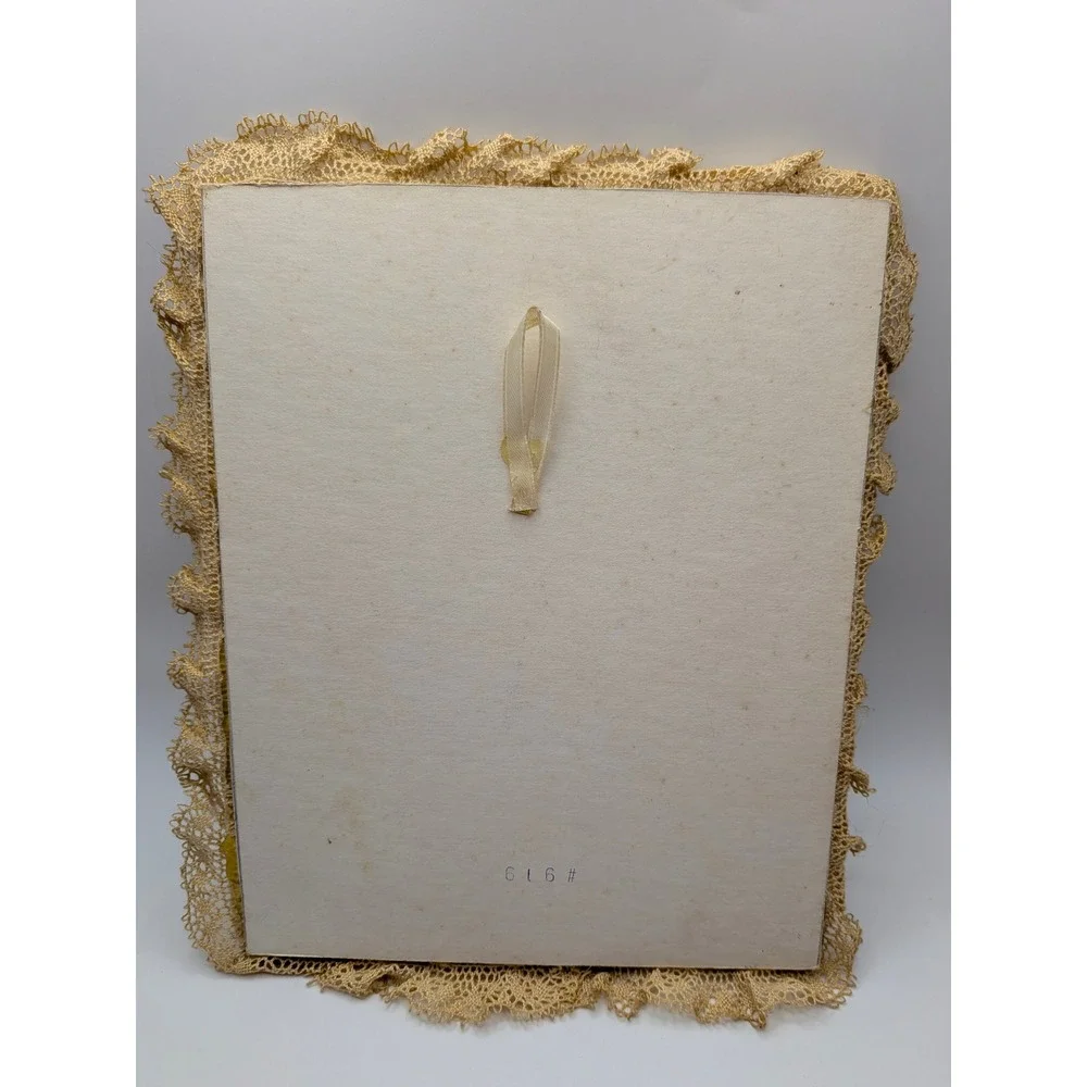 Vintage Grannycore Sateen Picture Frame Blue and Cream Floral Lace Handmade